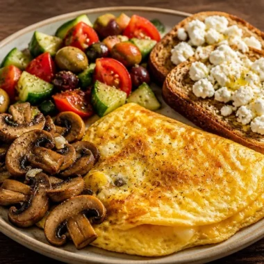Golden Mediterranean omelette served on a colorful plate with fresh ingredients