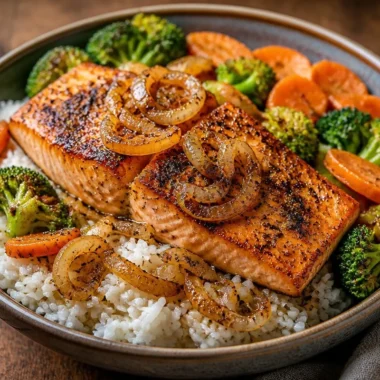 Golden Salmon Garlic Pepper Rice Bowl with fresh ingredients and vibrant colors
