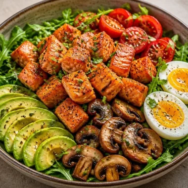 Golden Salmon Protein Power Bowl topped with fresh ingredients and vibrant colors