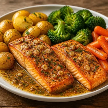 Golden salmon with garlic butter, veggie trio, and baby potatoes on a plate