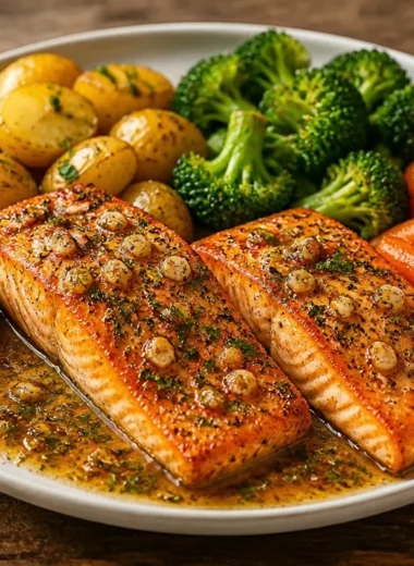 Golden salmon with garlic butter, veggie trio, and baby potatoes on a plate