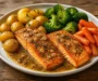Golden Salmon With Garlic Butter, Veggie Trio, Baby Potatoes