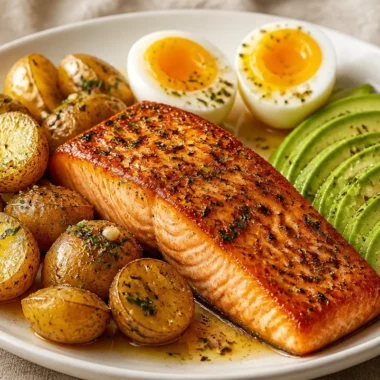 Golden salmon fillet garnished with garlic and herbs