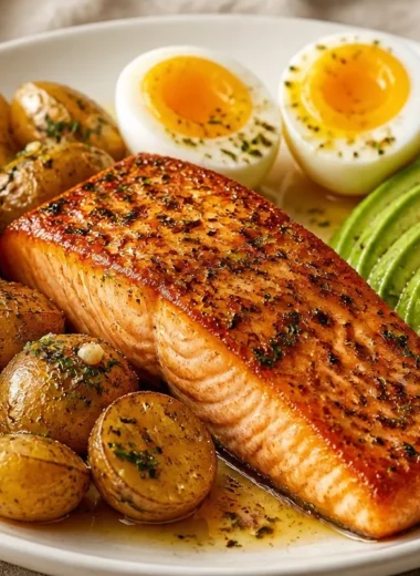 Golden salmon fillet garnished with garlic and herbs