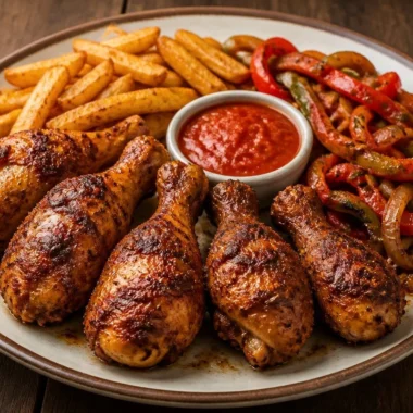 Grilled chicken and fries plate served with fresh vegetables