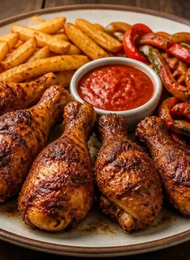 Grilled chicken and fries plate served with fresh vegetables