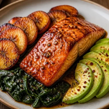Delicious honey glazed salmon served with fresh vegetables
