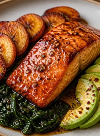 Delicious honey glazed salmon served with fresh vegetables