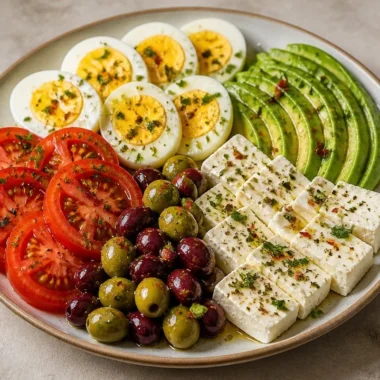 Colorful Mediterranean Protein Plate garnished with fresh herbs