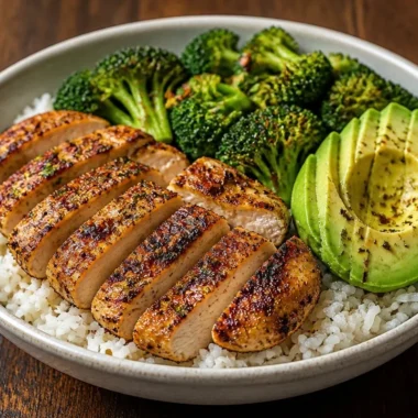 One-Pan Chicken Broccoli Rice Bowl featuring chicken, broccoli, and rice