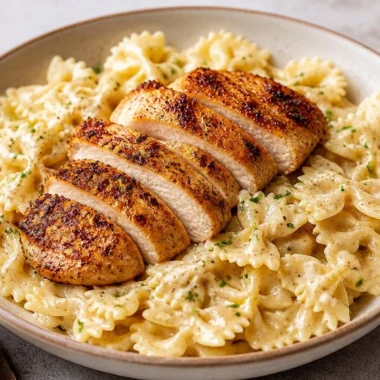One-Pan Creamy Chicken Alfredo Bowtie Pasta dish served in a plate