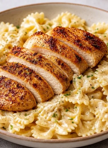 One-Pan Creamy Chicken Alfredo Bowtie Pasta dish served in a plate