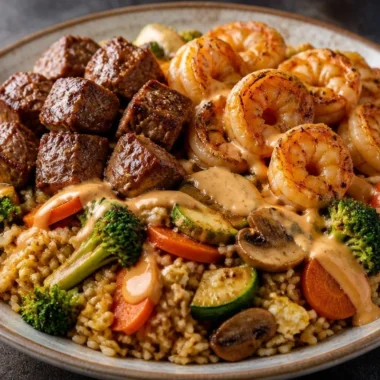 Delicious one-pan garlic shrimp and steak fried rice served in a bowl.