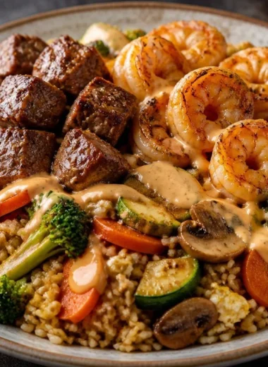 Delicious one-pan garlic shrimp and steak fried rice served in a bowl.