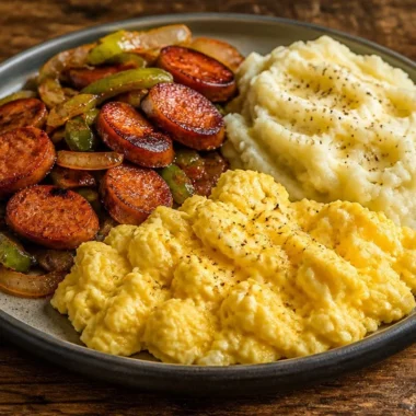 One-Pan Sausage Breakfast Plate featuring sausages, eggs, and fresh vegetables