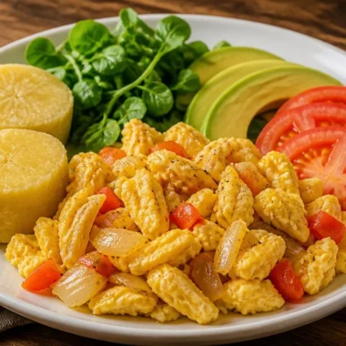 Delicious silky ackee and scrambled eggs served in a bowl.