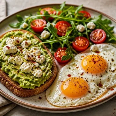Silky Avocado and Eggs Breakfast Plate with toast and herbs
