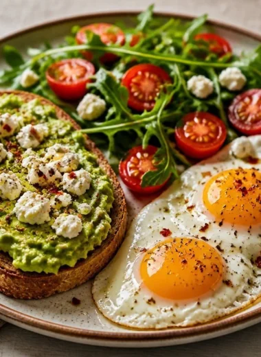 Silky Avocado and Eggs Breakfast Plate with toast and herbs