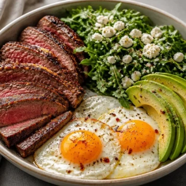Sizzling Steak and Eggs Power Bowl with fresh ingredients and vibrant colors