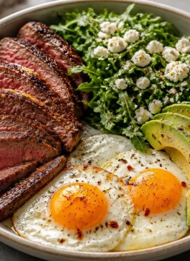 Sizzling Steak and Eggs Power Bowl with fresh ingredients and vibrant colors