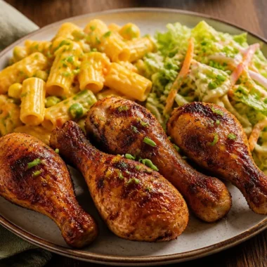 Delicious smoky chicken drumsticks served with slaw and veggie pasta on a plate.