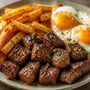 Delicious steak and eggs served with crispy fries on a plate