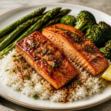 Plate of sticky honey garlic salmon garnished with herbs and served with vegetables