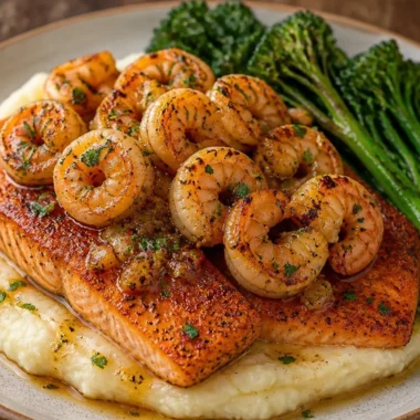 Zesty garlic shrimp and salmon skillet dish garnished with herbs.