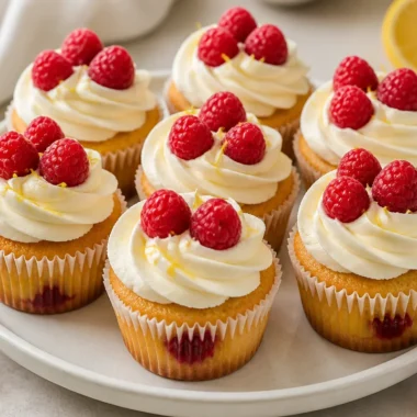 Zesty lemon raspberry cupcakes topped with creamy frosting and fresh raspberries.