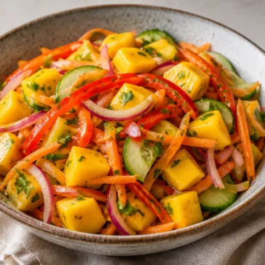 Bowl of zesty mango slaw with lime zest, colorful and refreshing salad dish.