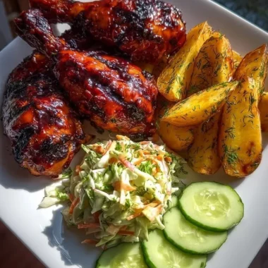 BBQ chicken drumsticks with herb roasted potatoes and creamy coleslaw on a picnic table