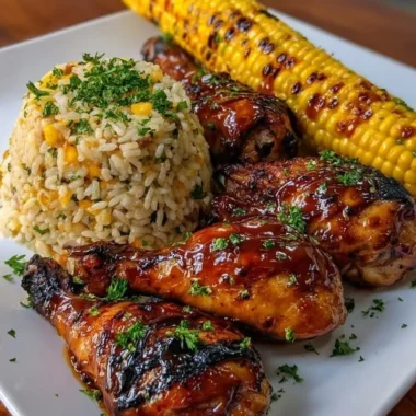 BBQ glazed chicken drumsticks served with corn rice and sweet corn