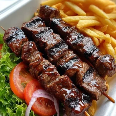 Delicious beef skewers served with crispy golden fries on a plate