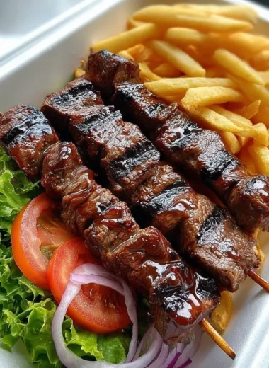 Delicious beef skewers served with crispy golden fries on a plate