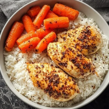 Plate of black pepper chicken breast with rice and glazed carrots