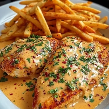 Plate of Cajun Chicken served with crispy fries, showcasing vibrant flavors and textures.