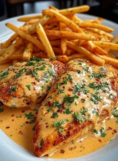 Plate of Cajun Chicken served with crispy fries, showcasing vibrant flavors and textures.