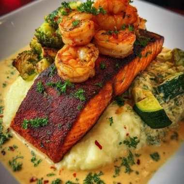 Cajun Salmon and Garlic Shrimp with mashed potatoes and creamy vegetables