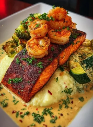 Cajun Salmon and Garlic Shrimp with mashed potatoes and creamy vegetables