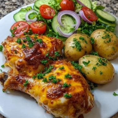 Cheesy baked chicken with herbed baby potatoes and garden salad on a plate