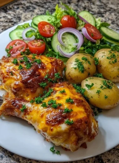 Cheesy baked chicken with herbed baby potatoes and garden salad on a plate