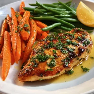 Citrusy Chicken with fresh green beans and carrots on a plate