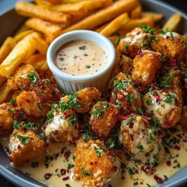 Creamy Cajun chicken bites served with golden fries on a plate