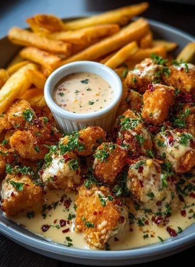 Creamy Cajun chicken bites served with golden fries on a plate