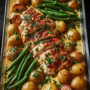 Creamy garlic chicken with baby potatoes and green beans on a plate