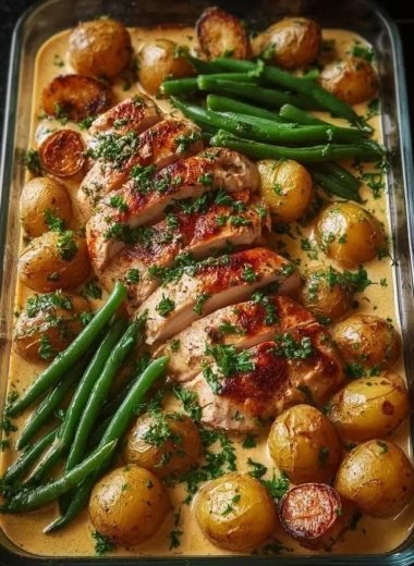 Creamy garlic chicken with baby potatoes and green beans on a plate