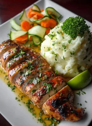 Creamy garlic herb chicken plated with fluffy mashed potatoes