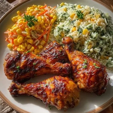 Creamy herb rice with glazed chicken drumsticks, a delicious meal idea.