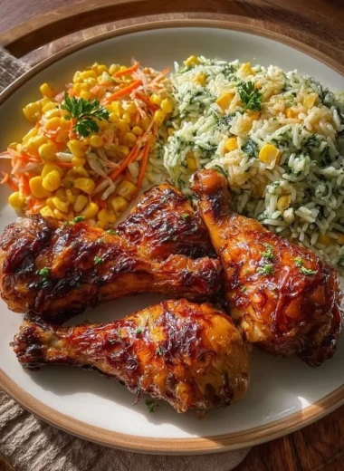 Creamy herb rice with glazed chicken drumsticks, a delicious meal idea.