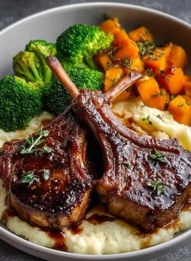 Creamy honey garlic lamb chops plated with fluffy mashed potatoes